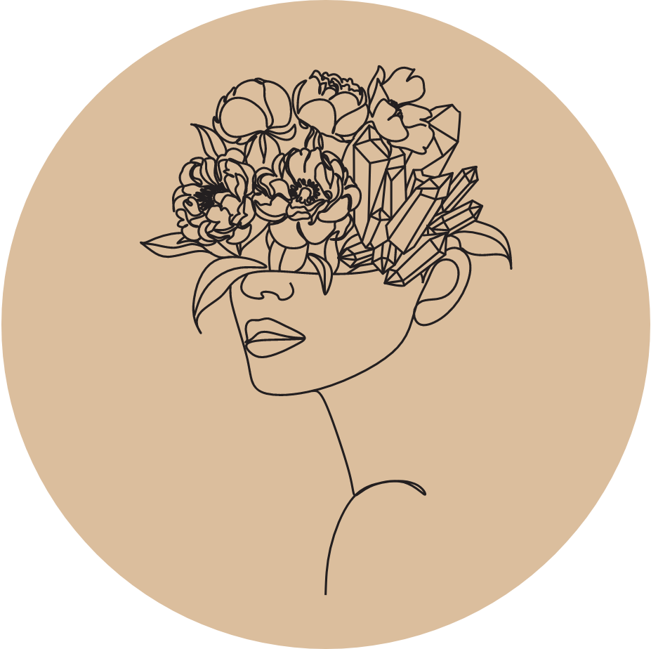 line drawing of a bust of a woman with flowers covering her head